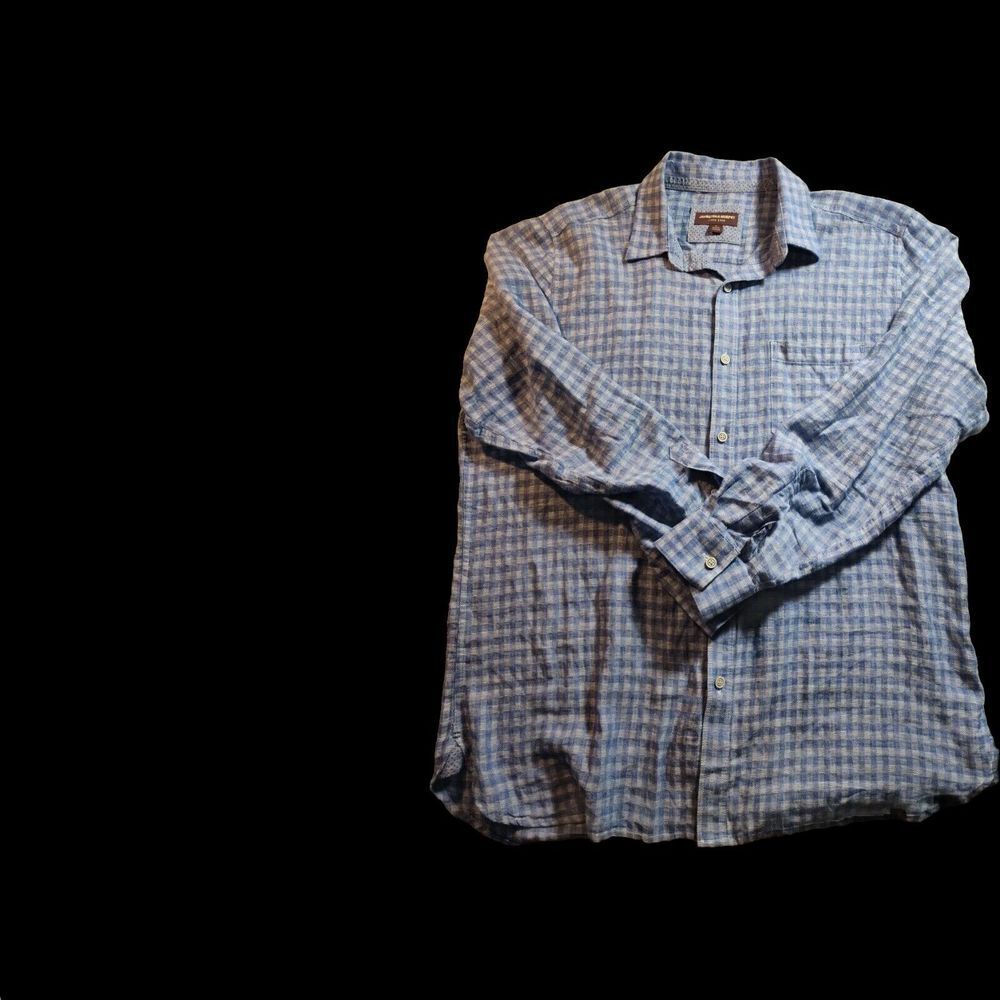 Johnson & Murphy Shirt 46 XL Blue Linen Plaid Spread Collar Long Sleeve 1047